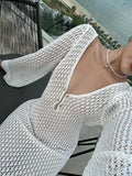 Bjlxn - White Knit Fashion Cover up Maxi Dress Female See-Through V-Neck Hollow Out Beach Holiday Dress Knitwear Backless Dress