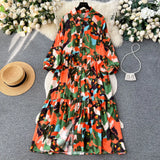 Fragment Flower Dress Women's French Lazy Style Relaxed Long Sleeve Lapel Single Breasted Dresses Girl's Holiday Shop Long Dress