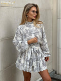 Bjlxn Clacive Casaul Loose Print Women'S Dress  Fashion Stand Collar Puff Sleeve Mini Dresses Elegant Lace-Up Pleated Female Dress