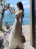 Bjlxn Summer New Elegant Midi Hollow Out Dress Women One Piece Fashion Sexy Beach Party Vestidos Female Clothing