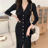 Bjlxn Korean Chic Knitted Dresses for Women V-neck Long Sleeve Slim Bodycon Ruffles Party Dress Casual Autumn Winter New Vestidos