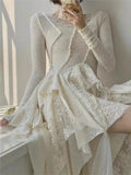 Bjlxn French Vintage Irregular Fairy Dress Spring Long Sleeve Lace Up Spliced Birthday Party Vestidos Women Clothing