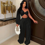 Bjlxn Ladies Sexy Two Piece Pant Set Outfits Matching Set Women Wide Leg Pants One Shoulder Tops 2 Piece Sets Elegant Luxury Outfits