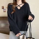 Bjlxn V-neck Sweaters 2024 Autumn Winter Retro Knitted Jumper Tops Y2K Harajuku Casual Women Basic Loose Pullover Korean Style