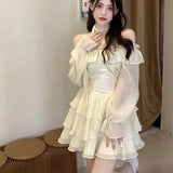 Bjlxn Elegant Mini Dresses Woman Solid Off Shoulder Ruffles A-line Long Sleeve Lace-up Short Party Dress Korean Fashion One Piece New