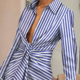 Women Elegant Turn-Down Collor Folds Party Dress Casual Striped Printed Ladies Shirt Dress Autumn Long Sleeve Slim Fitness Dress