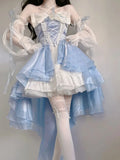 Bjlxn French Romantic Style Lolita Op Elegant Girl Cosplay Princess Puff Sleeve Ribbon Bowknot Flower Tunic Mesh Fantastic Fairy Dress