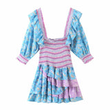 Bjlxn Floral Prints Ruffled Holiday Dress Square Neck Smocked Sexy Laides Dress Mini Dress Autumn