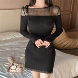 Bjlxn Sexy Chic Bodycon Knitted Mini Dresses for Women Mesh Patchwork Slim Casual Party Dress Solid Korean Fashion Autumn New Vestidos