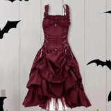 Bjlxn Gothic Style Dress Gothic Witch Halloween Costume Dress with Ruffle Hem Mesh Layers Women's Cosplay Performance Outfit