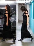 Bjlxn - Black Long Dress Female Slim High Waist Off-Shoulder Fashion Elegant Evening Partywear Dress Solid One-Shoulder Maxi Dress