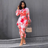 Bjlxn Ins Internet Celebrity Independent Site Amazon Autumn and Winter New Commuter Printed Ruffled Hip-Covering One-Step Dress