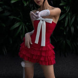 Elegant Bow Detail Sexy Strapless Two Piece Sets Club Outfits for Women Ruffle Red Top and Skirt Matching Sets New