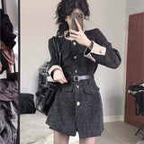 Bjlxn Autumn Winter Mini Dresses for Women with Belt Turn-down Collar Patchwork O-neck Korean Fashion Blazer Dress Casual Vestidos