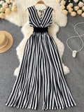 Bjlxn Women Chiffon Striped Jumpsuits Summer Sexy V-neck Sleeveless Elegant Wide-leg Long Pants Playsuits Ladies Dot Romper Overall