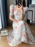 Bjlxn Korean Summer Fashion Chiffon Floral Dress Women Casual A-Line Fairy Party Midi Vestidos Female Vintage Beach Short Sleeve Robe