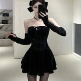 Bjlxn Y2K Gothic Strapless Mini Dresses Women Black Velvet Lace Patchwork Evening Party Dress A-line Slim Sexy Prom Vestidos Mujer New