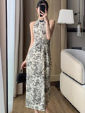 Bjlxn Summer New Vintage Print Sleeveless Midi Dresses for Women Fashion Slim Female Vestdios Lady Elegant Party Bodycon Clothing