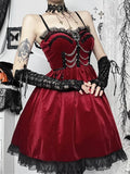 Bjlxn Christmas Gothic Red Dress Women Y2k E-girl Aesthetic Hotsweet Lace Patchwork Spaghetti Strap High Waist Velvet Dress