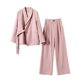 Fashion Irregular Lace-up Sets for Women 2 Pieces Temperament High Waisted Loose Pants Sets New Elegant Korean Version Blazer