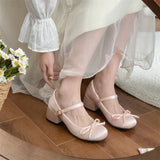 Bjlxn New Spring Autumn Thick Heel Pink Shoes Elegant Bow Lolita Shoes College Girls High Heels Fashion Women Sandals