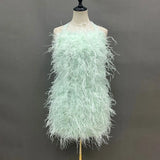 Bjlxn Lady Fashion Summer Feather Dress Sexy Backless Women's Dress Strap Medium Length Ostrich Feather S5659