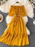 Bjlxn Beach Dress Women Sexy Off The Shoulder Slash Beach Chiffon Dresses Ladies Elegant A Line Bandage Party Dress Long Robe