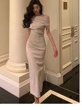 Bjlxn Elegant Off Shoulder Evening Party Dresses for Women Summer New Fashion Slim Solid Vestidos Korean Prom Robe Female Clothing