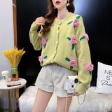 Bjlxn Sweater Female Spring and Autumn Knitwear Women Heavy Industry Rose Blossom Embroidery Contrast Sweater Coat Cardigan