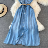 Bjlxn Elegant Women Denim Dress Summer Lapel Collar Sleeveless Thin Jean Maxi Dress French Style Retro A-Line Shirt Dresses