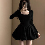 Bjlxn Elegant Black Mini Dresses for Women Square Collar Long Sleeve A-line Korean Fashion Y2K Autumn New One Piece Mini Vestidos