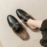 Bjlxn winter women's plush outdoor slippers mules Metal British style Genuine fur rabbit flats Ladies casual shoes