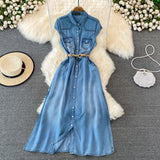 Bjlxn Elegant Women Denim Dress Summer Lapel Collar Sleeveless Thin Jean Maxi Dress French Style Retro A-Line Shirt Dresses