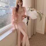 Bjlxn Autumn New Bodycon Midi Dresses for Women Puff Sleeve Square Collar High Split Office Lady Korean Fashion Evening Party Dress