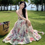 Bjlxn 2024 Summer Chiffon Beach Maxi Dress Women Fashion Print Floral Backless Bandage Slip Dress Elegant Evening Party Fairy Dresses