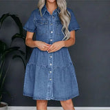 Bjlxn Summer Women Lapel Casual Denim Dress Sexy High Waist Single Breasted Button Short Sleeve Mini Dress