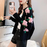 Bjlxn Sweater Female Spring and Autumn Knitwear Women Heavy Industry Rose Blossom Embroidery Contrast Sweater Coat Cardigan