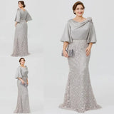 Bjlxn New Grey Elegant Mother of The Bride Dresses Half Sleeve Lace Mermaid Wedding Guest Dress Plus Size Formal Evening Gowns