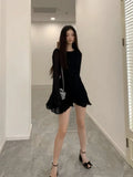 Bjlxn Backless Black Dress Women Elegant Back Hollow Out Lace-up Long Sleeve Mesh Patchwork Sexy Slim Ruffle Mini Dress Party