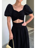 Bjlxn - Elegant Black Square Collar Women Dresses Summer Fashion Short Sleeve Hollow Out Dresses Casual Slit Straight Floor-length Dress