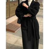 Bjlxn Women Elegant Long Woolen Coat with Belt Autumn Winter New Fashion Solid Lapel Long Sleeve Chic Outerwear Ladies Casual Overcoat