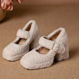 Bjlxn High Platform Lambswool Mary Jane Shoes Woman Retro Teddy Fur Thick Sole Pumps Ladies Winter Warm Plush Dress Zapatos