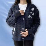 Bjlxn Winter Midnight Navy Blue Knitted Cardigans Women Spring Y2k Casual Star Embroidery Single Breasted XS-5XL Sweaters