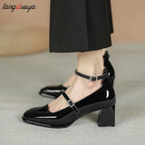 Bjlxn red mary jane shoes heels Women's Shoes Mary Jane 2024 Spring summer New Thick-heeled High-heeled Retro Square Toe Pumps