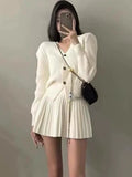 Bjlxn Casual Knitted 2 Piece Set Single Breasted V-neck Top + High Waist Mini Pleated Skirt Autumn Spring Korean Fashion Solid Outfits