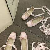 Bjlxn Elegant Flower Bow Ankle Strap Ballet Flats Square Toe Design Lolita Shoes Light Comfortable Cute Shoes Ballerina Ladies Casual