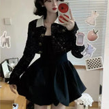 Bjlxn Elegant Black Mini Dresses for Women Square Collar Long Sleeve A-line Korean Fashion Y2K Autumn New One Piece Mini Vestidos