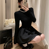 Bjlxn Elegant Knitted Short Dresses for Women  Half High Collar Long Sleeve Ruffles A-line Korean Fashion Autumn New Y2K Solid Vestido