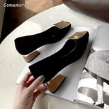 Bjlxn Square Heels Women's Summer Footwear Office Black Medium Heel Casual Pumps Slip-on Luxury Shoes for Woman 34