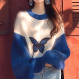 Bjlxn Lazy Style Contrasting Color Klein Blue Soft Women's Sweater Autumn Winter Loose Korean Version Butterfly Printed Top for Women